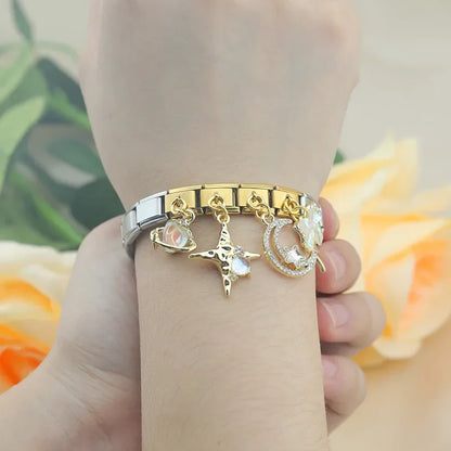 Heart, Moon, Cross & Butterfly Dangle Italian Charms — Silver & Gold CZ Celestial Dangle Links