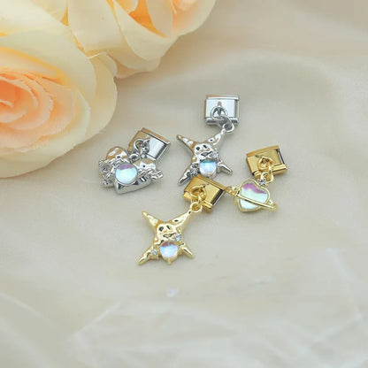 Heart, Moon, Cross & Butterfly Dangle Italian Charms — Silver & Gold CZ Celestial Dangle Links