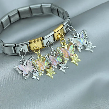 Shiny Butterfly Dangle Italian Charms — Silver & Gold CZ Crystal Butterfly Dangle Links