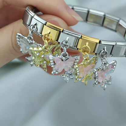 Shiny Butterfly Dangle Italian Charms — Silver & Gold CZ Crystal Butterfly Dangle Links