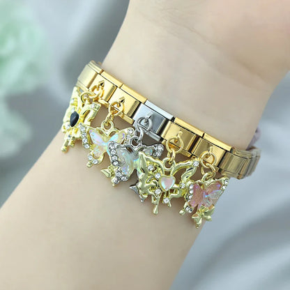 Shiny Butterfly Dangle Italian Charms — Silver & Gold CZ Crystal Butterfly Dangle Links