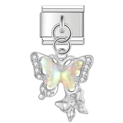 Shiny Butterfly Dangle Italian Charms — Silver & Gold CZ Crystal Butterfly Dangle Links