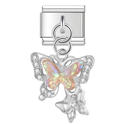 Shiny Butterfly Dangle Italian Charms — Silver & Gold CZ Crystal Butterfly Dangle Links