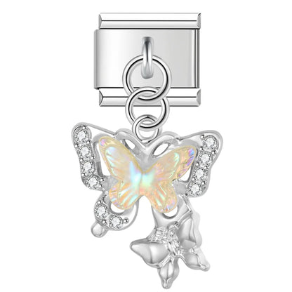 Shiny Butterfly Dangle Italian Charms — Silver & Gold CZ Crystal Butterfly Dangle Links