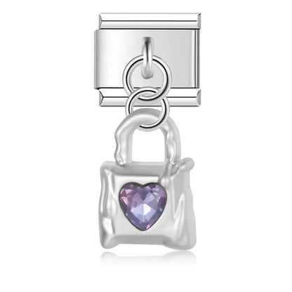Melting Liquid Crystal Heart & Lock Dangle Italian Charms — Silver CZ Heart & Padlock Dangle Links