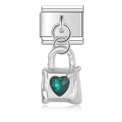 Melting Liquid Crystal Heart & Lock Dangle Italian Charms — Silver CZ Heart & Padlock Dangle Links