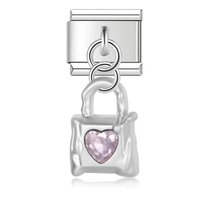 Melting Liquid Crystal Heart & Lock Dangle Italian Charms — Silver CZ Heart & Padlock Dangle Links