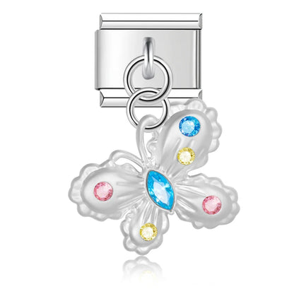 Melting Liquid Crystal Heart & Lock Dangle Italian Charms — Silver CZ Heart & Padlock Dangle Links
