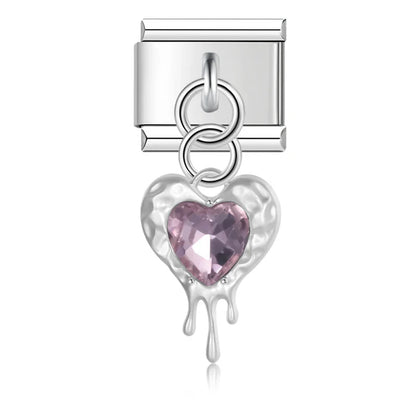 Melting Liquid Crystal Heart & Lock Dangle Italian Charms — Silver CZ Heart & Padlock Dangle Links
