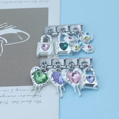 Melting Liquid Crystal Heart & Lock Dangle Italian Charms — Silver CZ Heart & Padlock Dangle Links