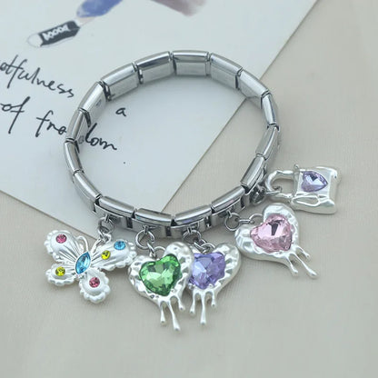 Melting Liquid Crystal Heart & Lock Dangle Italian Charms — Silver CZ Heart & Padlock Dangle Links
