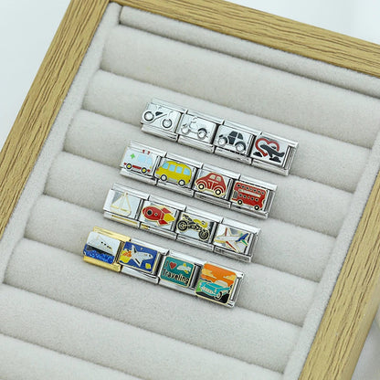 Travel Italian Charms — Airplane, Car, Ship & Motorcycle Bracelet Links