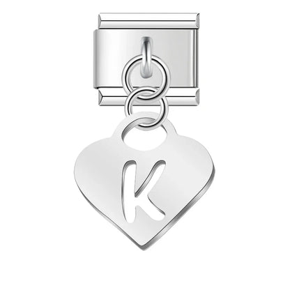 Silver Heart Letter A–Z Dangle Italian Charms — Personalised Alphabet Heart Dangle Links