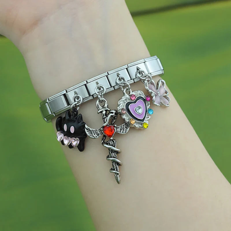 Heart Moon Cat Star Charm Italian silver