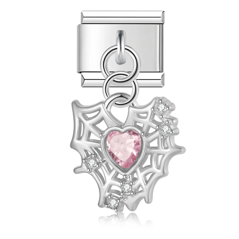 The Crystal Heart & Spider Web Dangle Charm in Silver & Gold