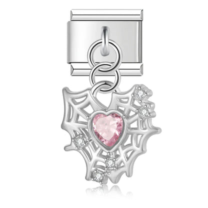 Crystal Heart & Spider Web Dangle Italian Charms — Silver & Gold CZ Heart & Web Dangle Links