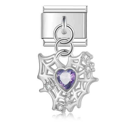 Crystal Heart & Spider Web Dangle Italian Charms — Silver & Gold CZ Heart & Web Dangle Links
