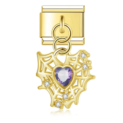 Crystal Heart & Spider Web Dangle Italian Charms — Silver & Gold CZ Heart & Web Dangle Links