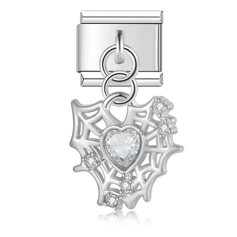 The Crystal Heart & Spider Web Dangle Charm in Silver & Gold