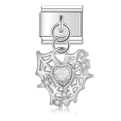 Crystal Heart & Spider Web Dangle Italian Charms — Silver & Gold CZ Heart & Web Dangle Links