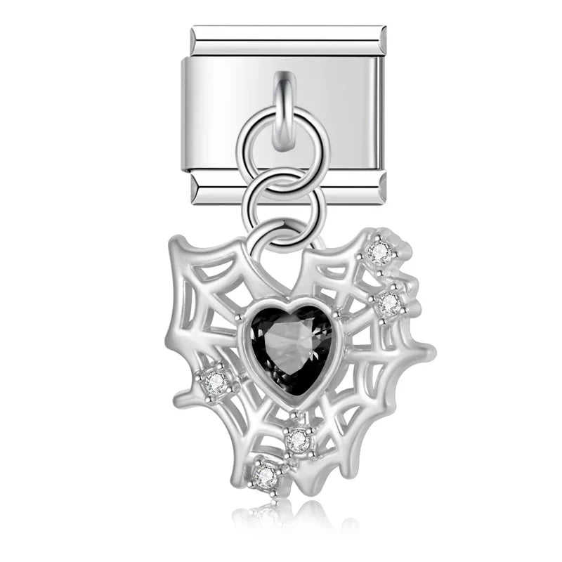 The Crystal Heart & Spider Web Dangle Charm in Silver & Gold