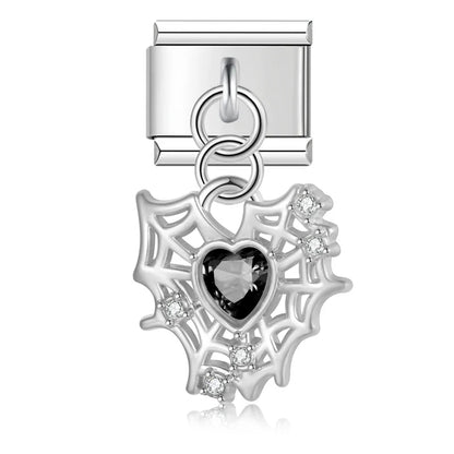 Crystal Heart & Spider Web Dangle Italian Charms — Silver & Gold CZ Heart & Web Dangle Links