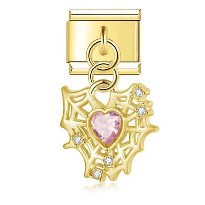 Crystal Heart & Spider Web Dangle Italian Charms — Silver & Gold CZ Heart & Web Dangle Links