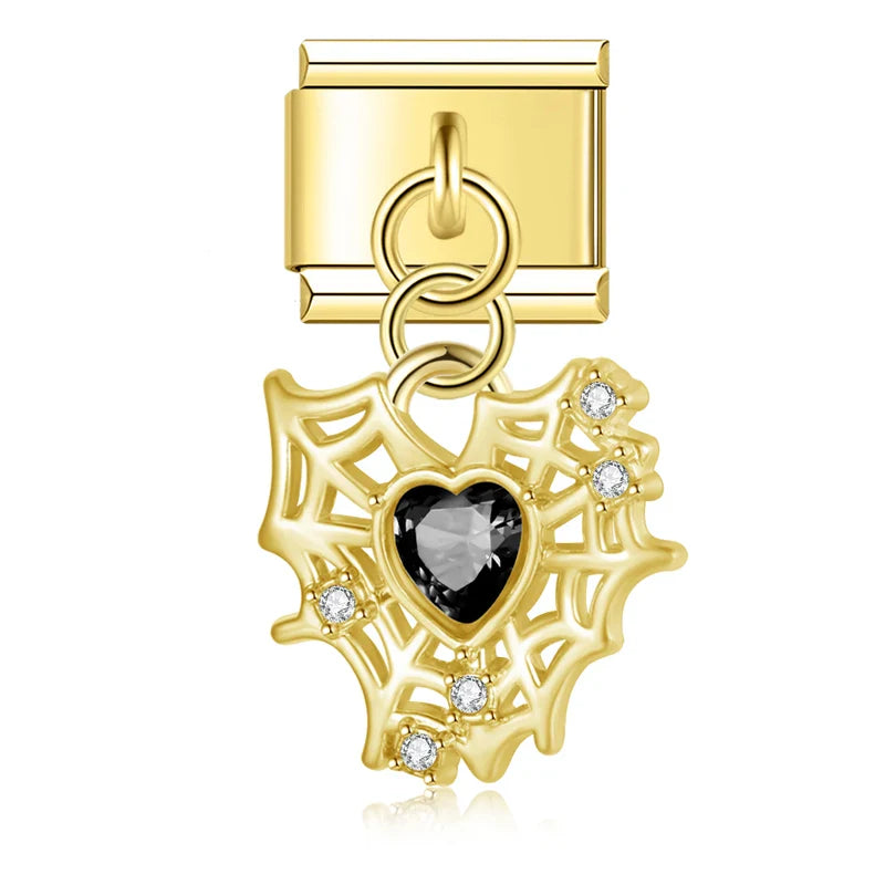 The Crystal Heart & Spider Web Dangle Charm in Silver & Gold