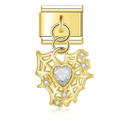 Crystal Heart & Spider Web Dangle Italian Charms — Silver & Gold CZ Heart & Web Dangle Links