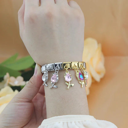Tulip & Flower Gemstone Dangle Italian Charms — Silver & Gold CZ Tulip Dangle Links