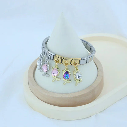 Tulip & Flower Gemstone Dangle Italian Charms — Silver & Gold CZ Tulip Dangle Links
