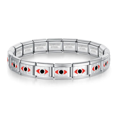 Silver & Red Italian Charm Bracelet — Star, Evil Eye & Circle Enamel Design