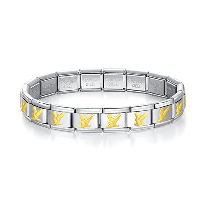 Italian Charm Bracelets — Silver with Gold Star, Heart, Butterfly & Cross Repeating Motif Designs