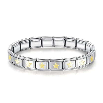 Italian Charm Bracelets — Silver with Gold Star, Heart, Butterfly & Cross Repeating Motif Designs