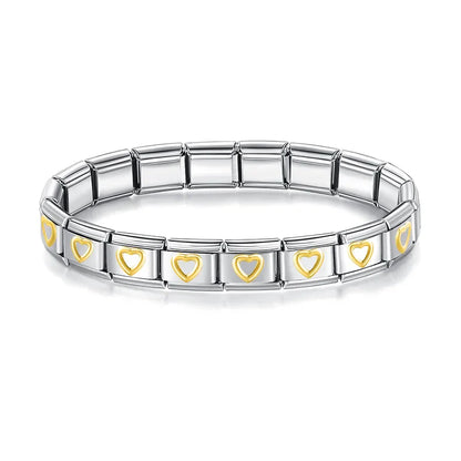 Italian Charm Bracelets — Silver with Gold Star, Heart, Butterfly & Cross Repeating Motif Designs