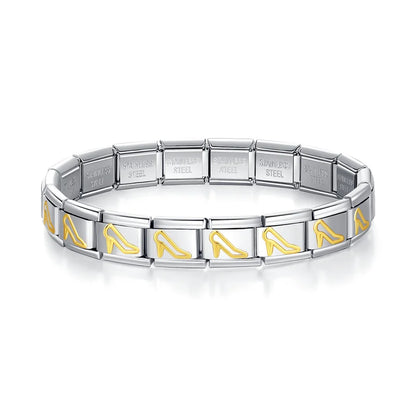 Italian Charm Bracelets — Silver with Gold Star, Heart, Butterfly & Cross Repeating Motif Designs