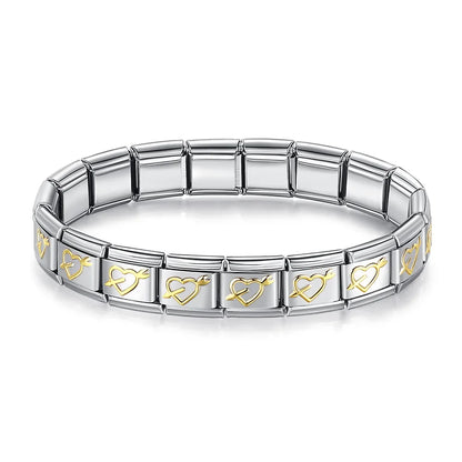 Italian Charm Bracelets — Silver with Gold Star, Heart, Butterfly & Cross Repeating Motif Designs