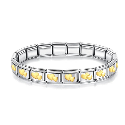 Italian Charm Bracelets — Silver with Gold Star, Heart, Butterfly & Cross Repeating Motif Designs