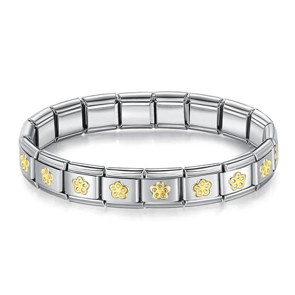 Italian Charm Bracelets — Silver with Gold Star, Heart, Butterfly & Cross Repeating Motif Designs