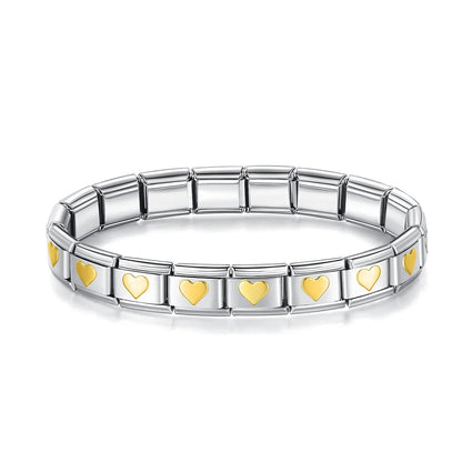 Italian Charm Bracelets — Silver with Gold Star, Heart, Butterfly & Cross Repeating Motif Designs