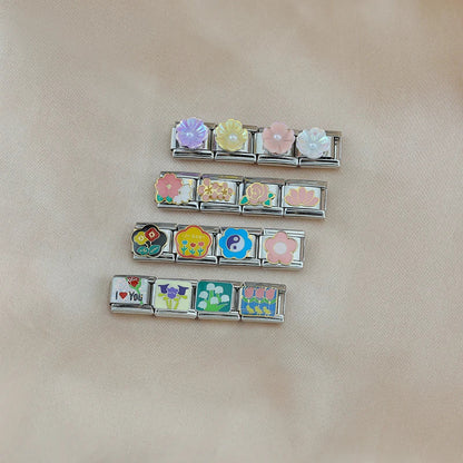 Silver Flower Italian Charms — Daisy, Rose, Blossom & Botanical Bracelet Links