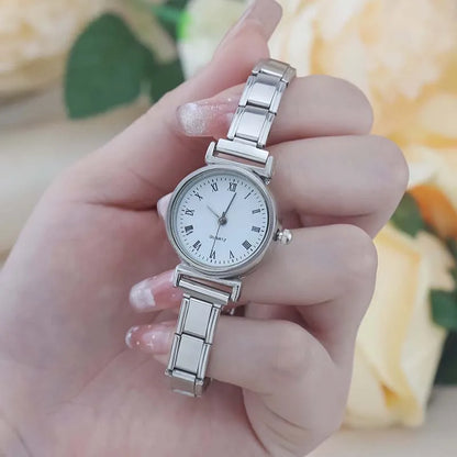 Roman Numeral Italian Charm Watch — Classic White & Black Dial with Modular 9mm Charm Band