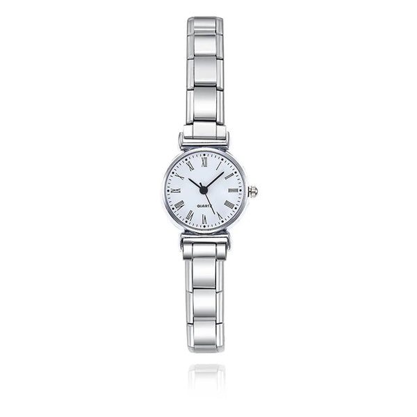 Roman Numeral Italian Charm Watch — Classic White & Black Dial with Modular 9mm Charm Band