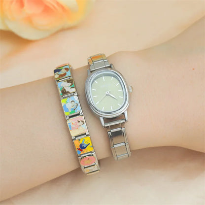 Sleek Oval Watch with Pastel Face Options — Soft Colour Italian Charm Watch Bracelet