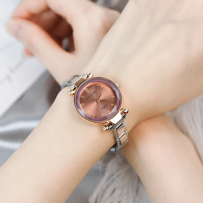 Round Rose Gold & Silver Watch with Starry Face Dial — Celestial Italian Charm Watch Bracelet