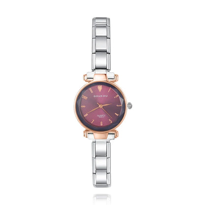 Round Rose Gold & Silver Watch with Starry Face Dial — Celestial Italian Charm Watch Bracelet