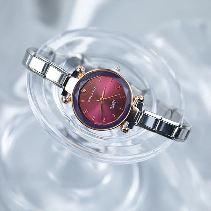 Round Rose Gold & Silver Watch with Starry Face Dial — Celestial Italian Charm Watch Bracelet
