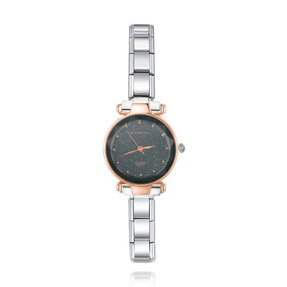 Round Rose Gold & Silver Watch with Starry Face Dial — Celestial Italian Charm Watch Bracelet