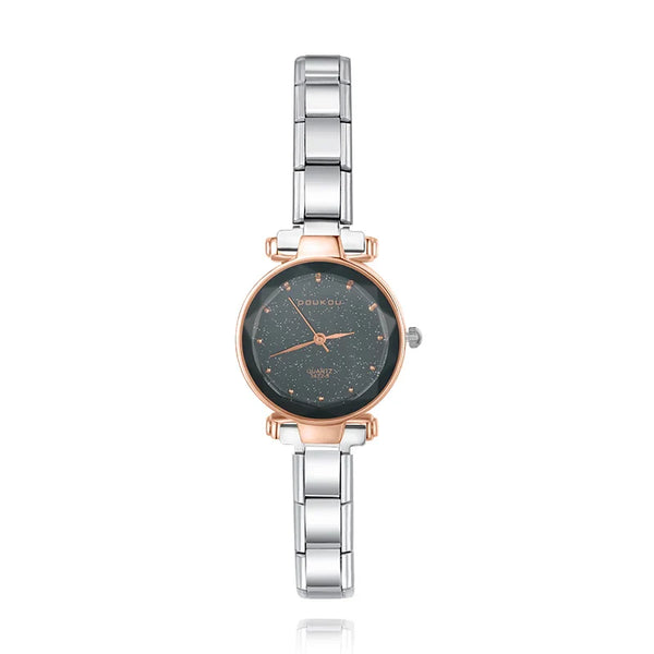 Round Rose Gold & Silver Watch with Starry Face Dial — Celestial Italian Charm Watch Bracelet