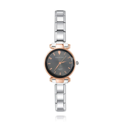 Round Rose Gold & Silver Watch with Starry Face Dial — Celestial Italian Charm Watch Bracelet